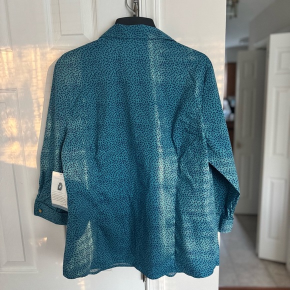 Jaclyn Smith Women's XL Teal Blue Button Down Shirt Blouse 3/4 Roll-Tab Sleeve - Picture 10 of 10